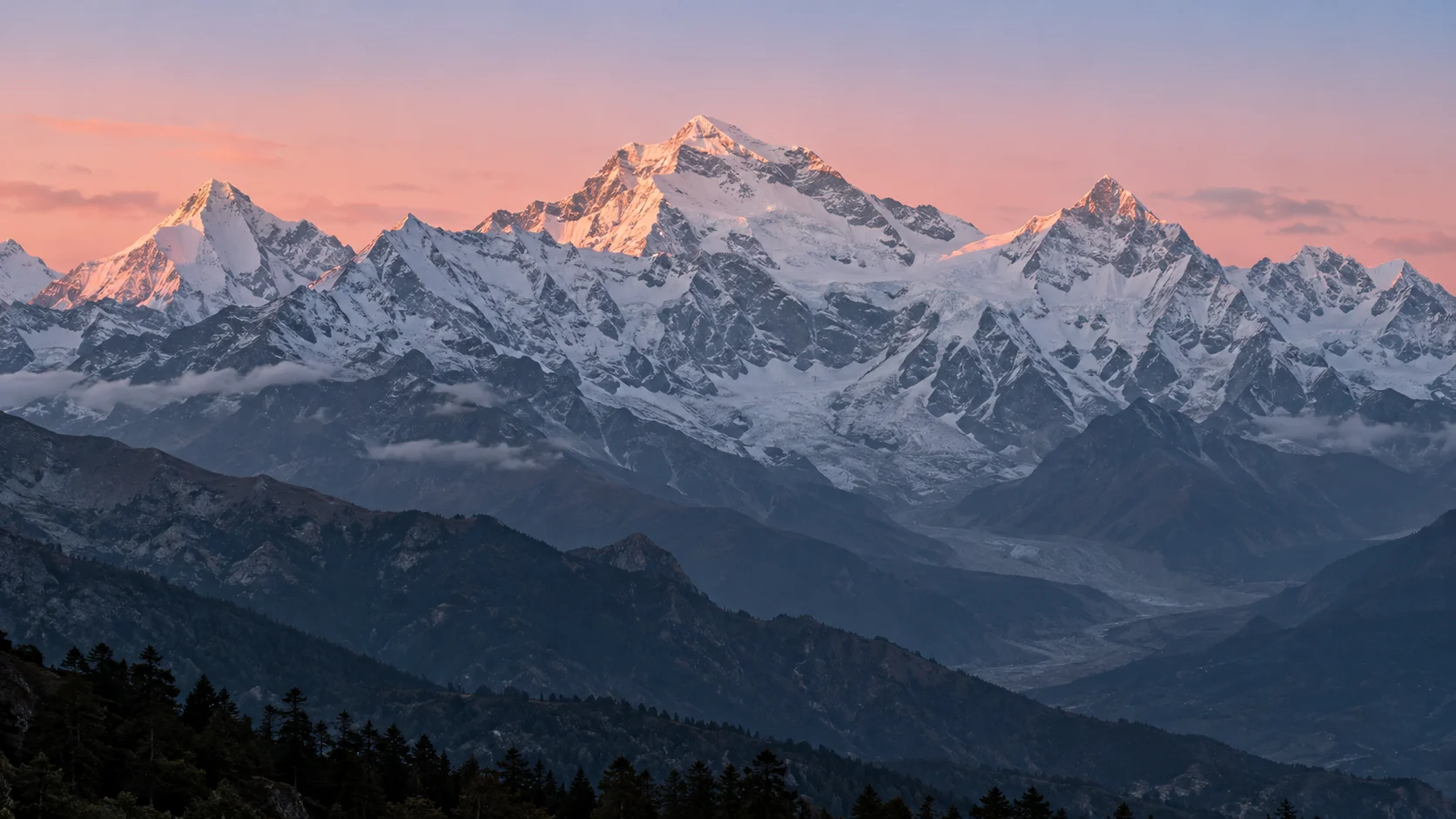 Documentary example showing snowy Himalayan peaks and glacial valleys under a soft pink dawn sky