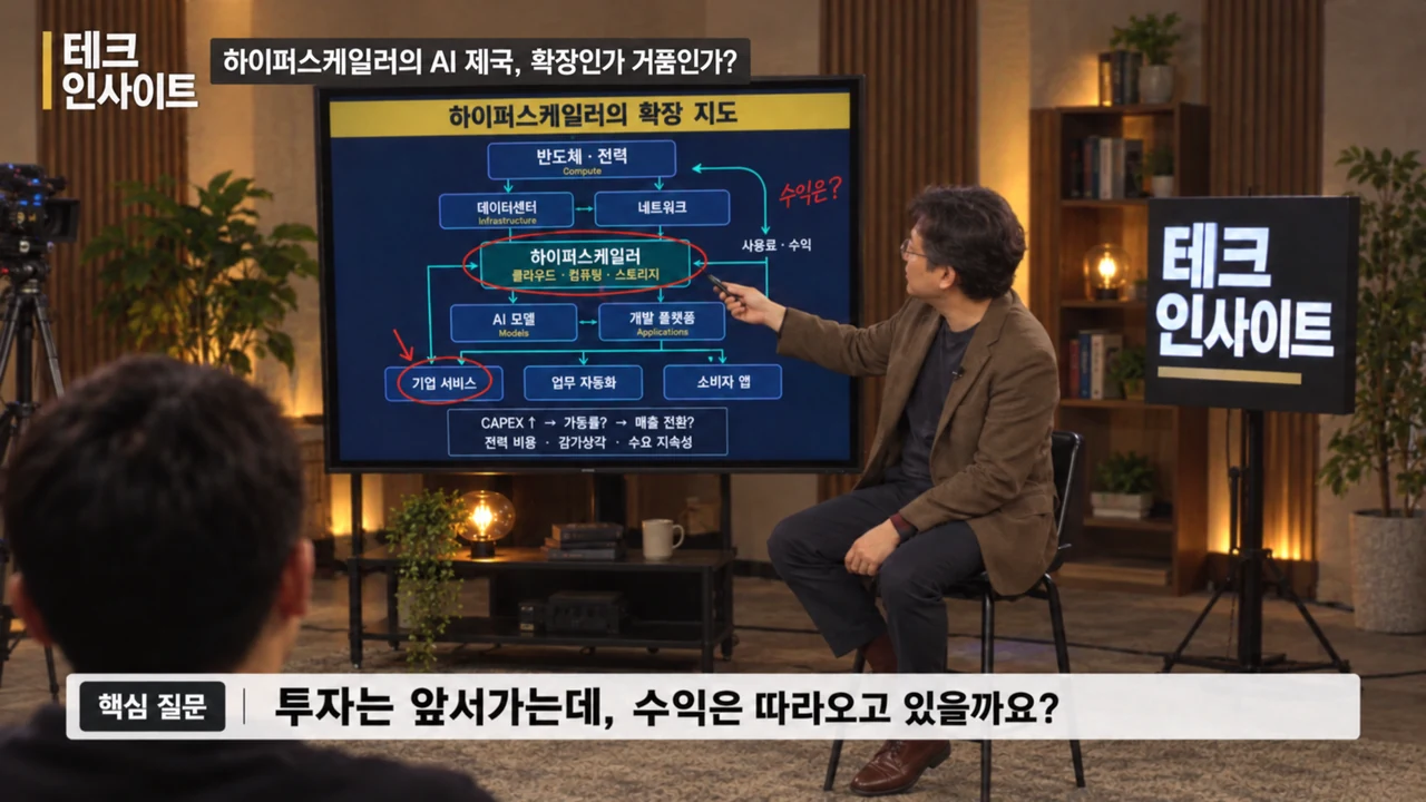 A technology discussion explaining AI investment and returns with an industry diagram